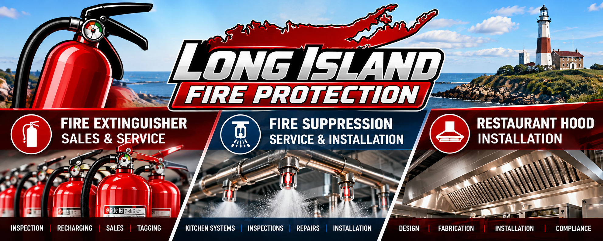 Long Island Fire Protection services: fire extinguisher sales and service, fire suppression service and installation, and restaurant hood installation, with Montauk Point Lighthouse in the background